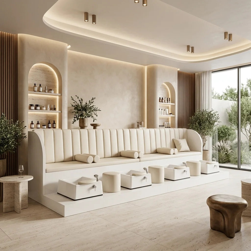 Four-Station Pedicure Bench with Integrated Foot Baths