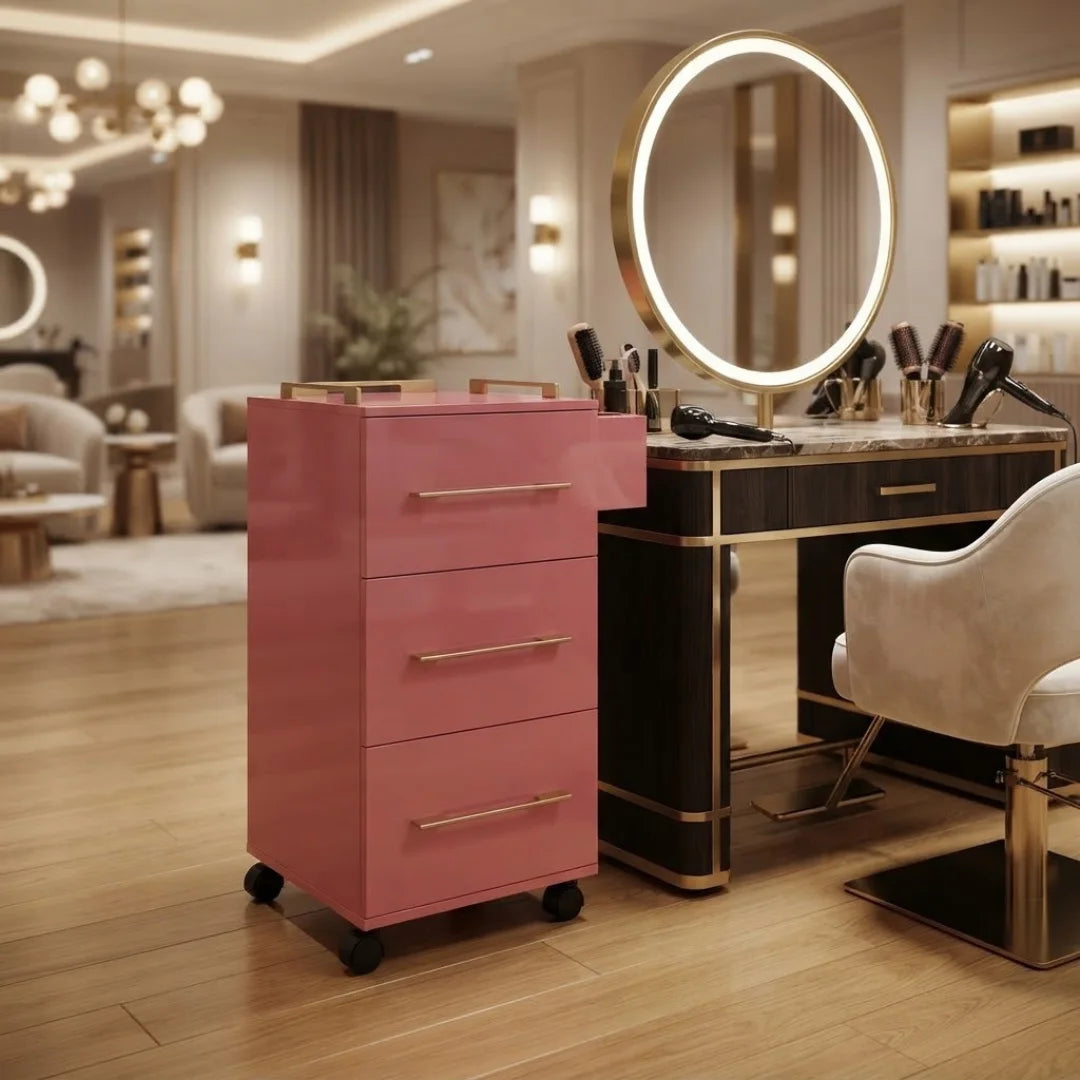 Pink Rolling Salon Storage Cabinet with Gold Bar Handles