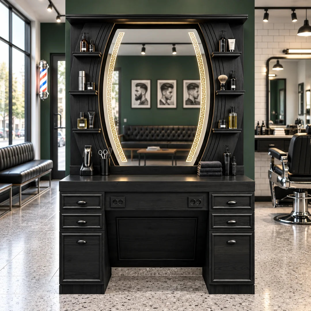 Classic Black Wood Barber Styling Station with LED Mirror