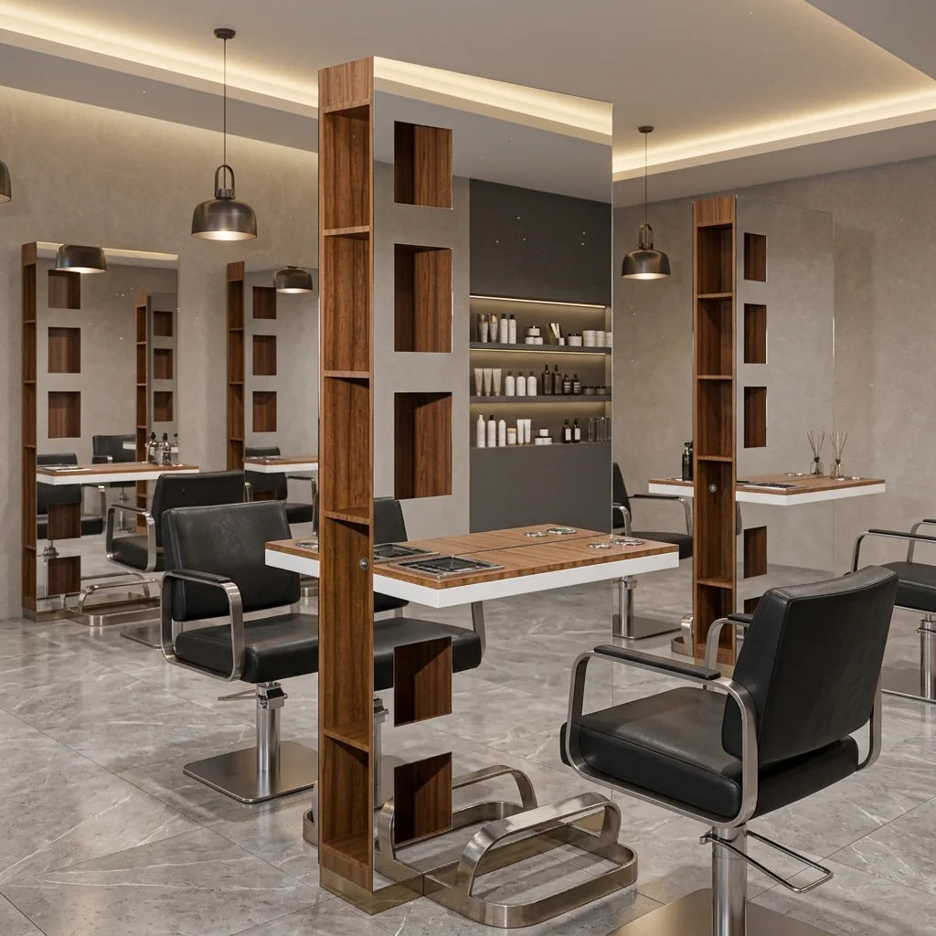 Modern Double-Sided Barber Styling Mirror with Integrated Storage