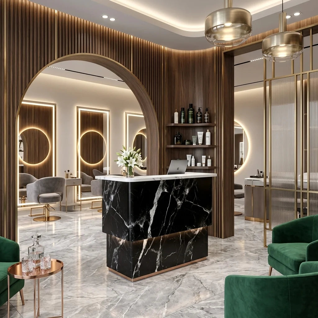 Charming Black & White Marble-Look Salon Reception Desk