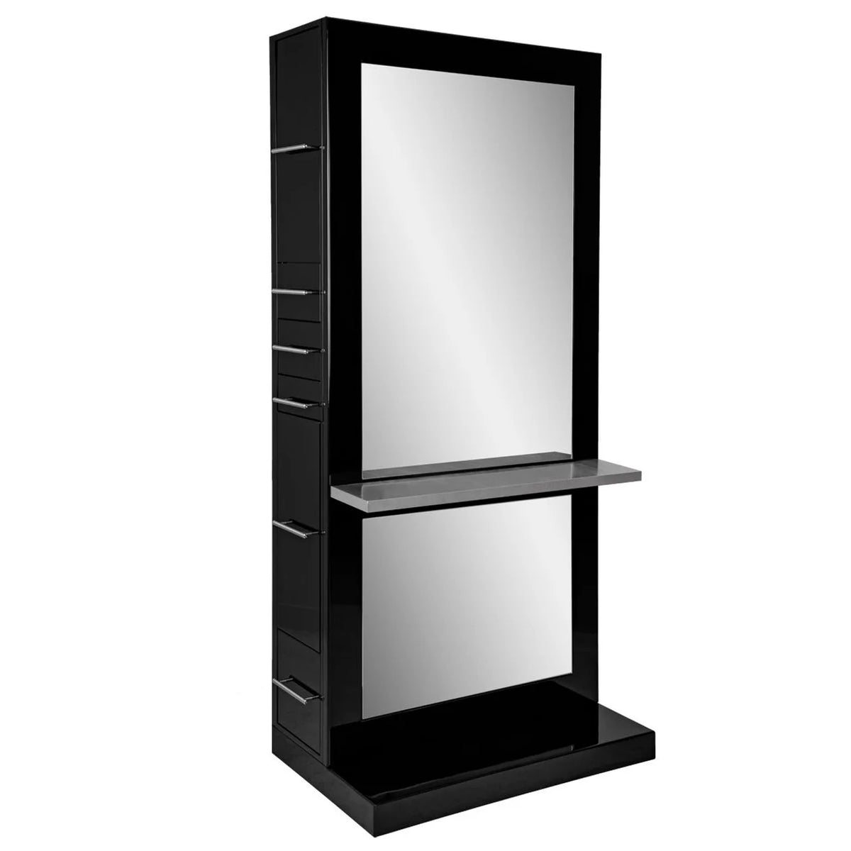 High-End Barber Mirror Station with Built-In Cabinetry