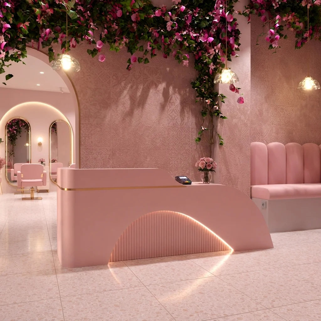 Pink Curved Salon Reception Desk with Illuminated Front