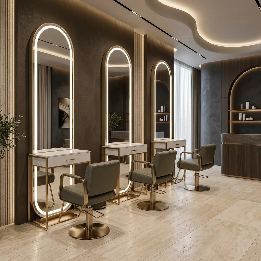 Full-Length Gold Salon Arched LED Barber Mirror Station