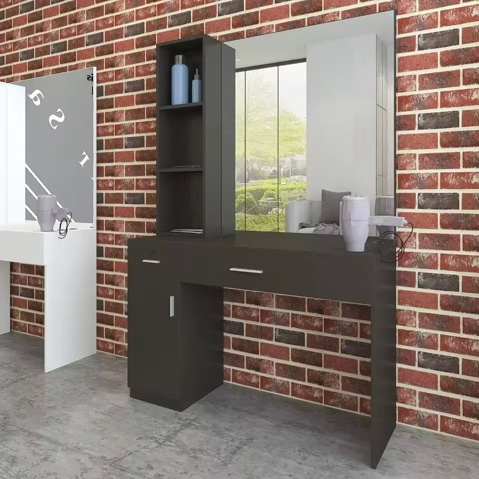 Black Barber Styling Station with Mirror and Storage