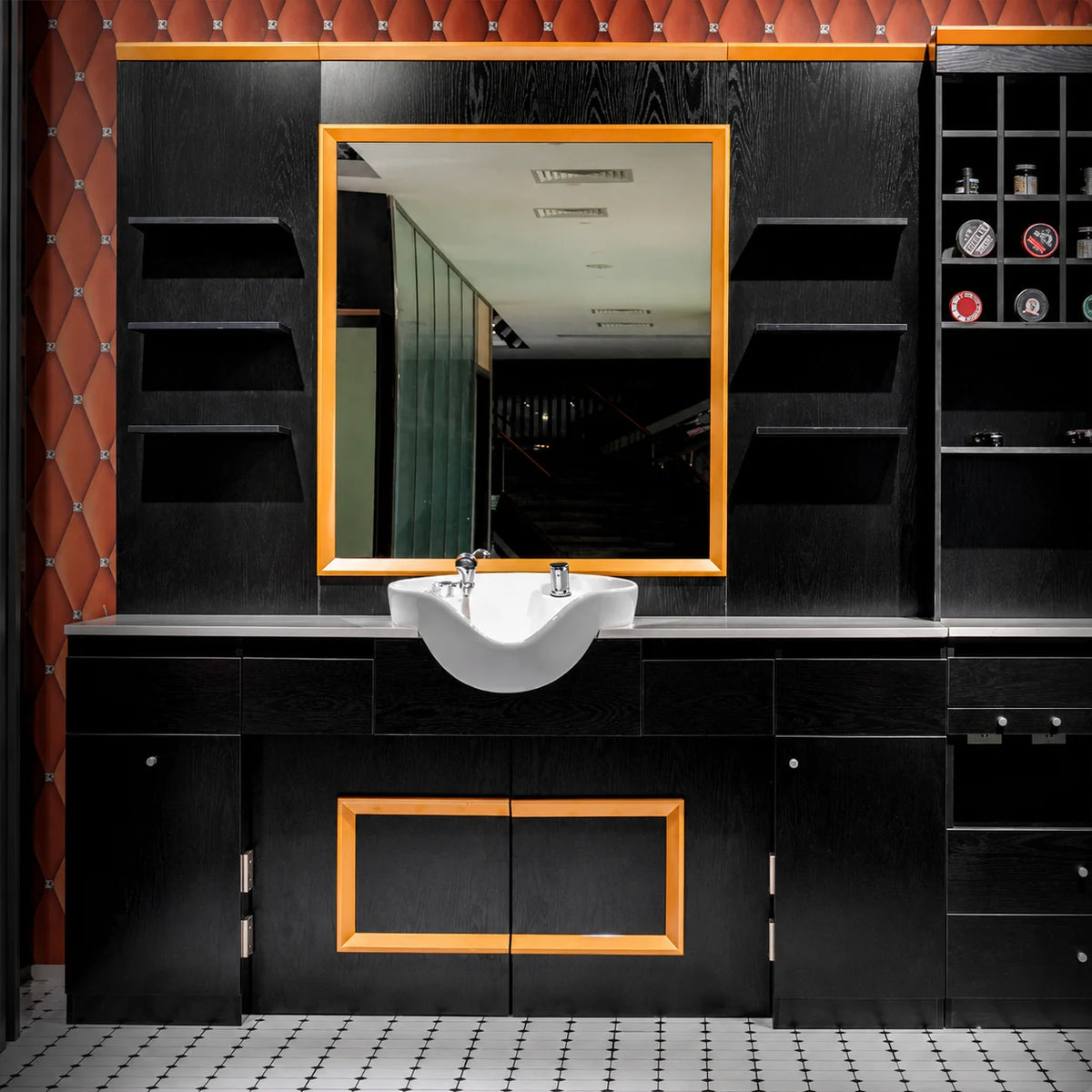 High-End Black Theme Barber Workstation with Mirror, Shelves and Cabinets