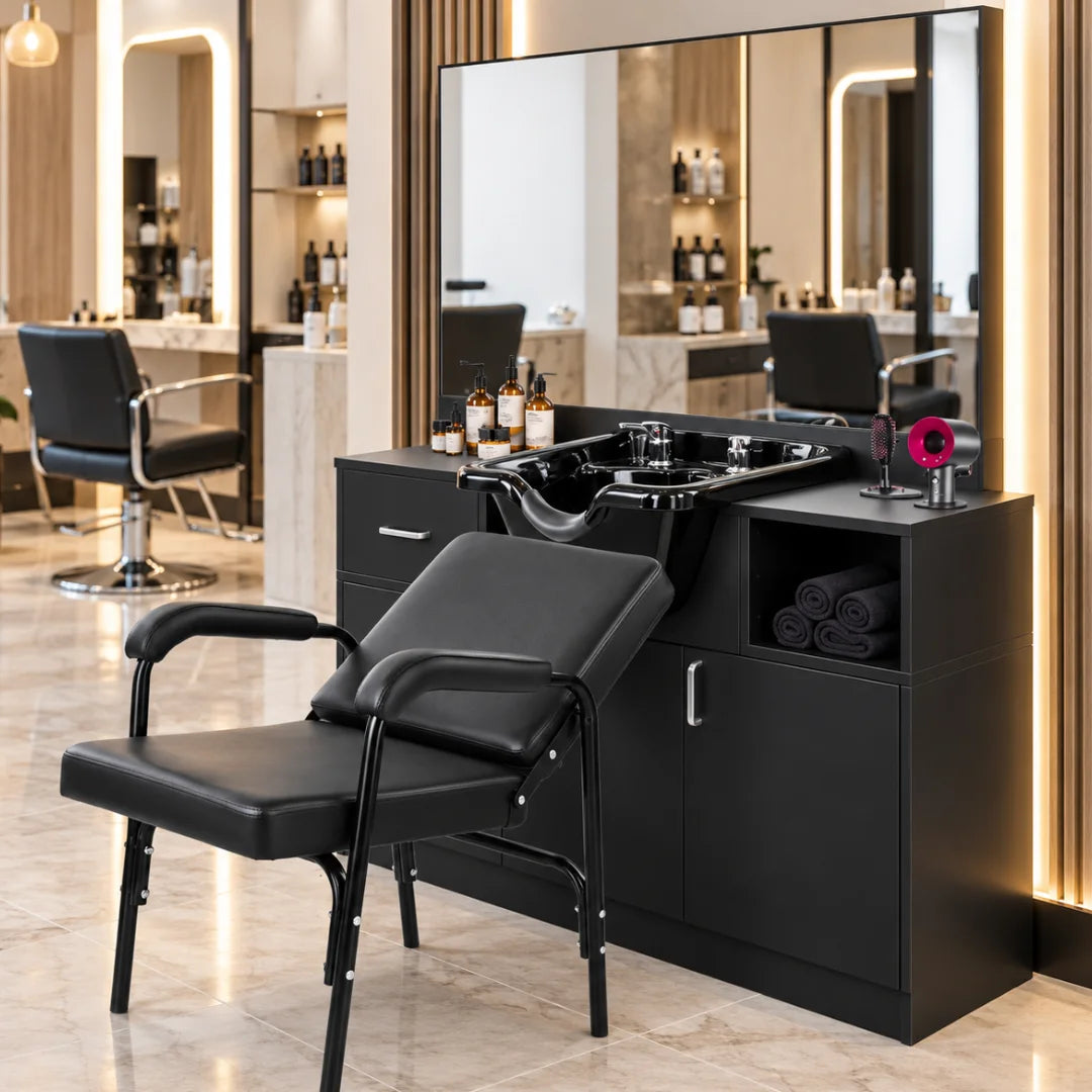 Black Salon Shampoo Cabinet with Mirror and Wash Basin