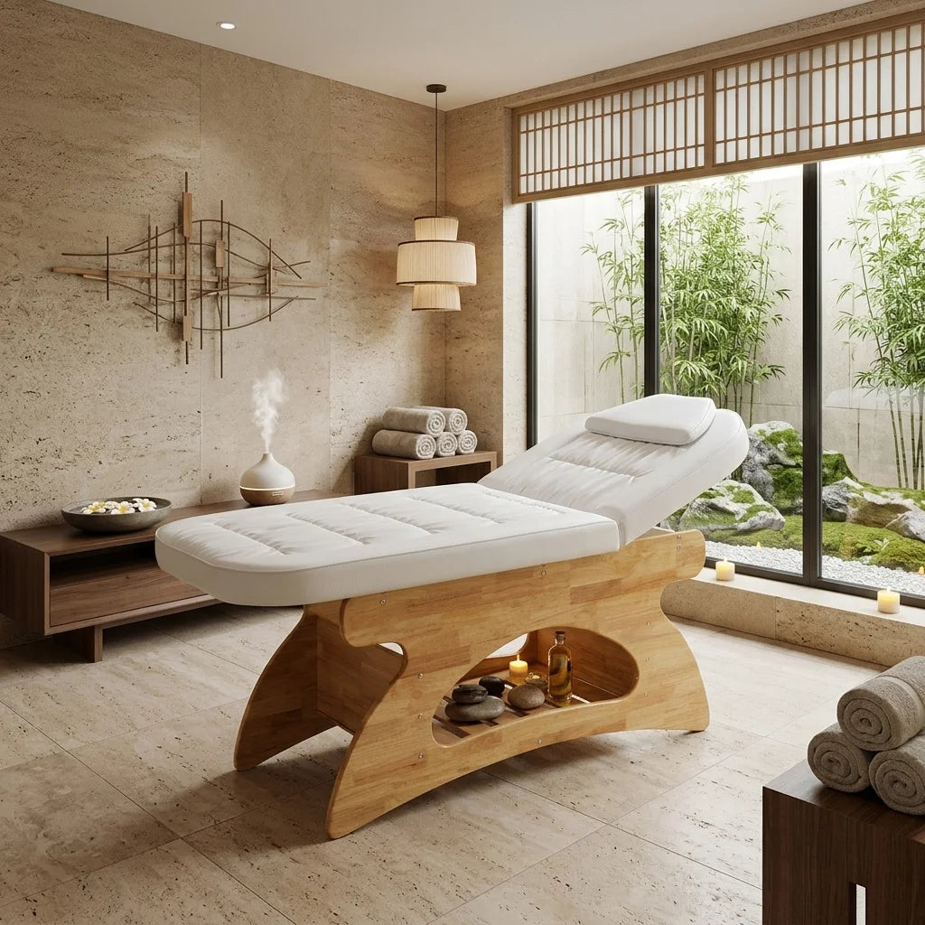 Spa Massage Bed with Natural Wood Base