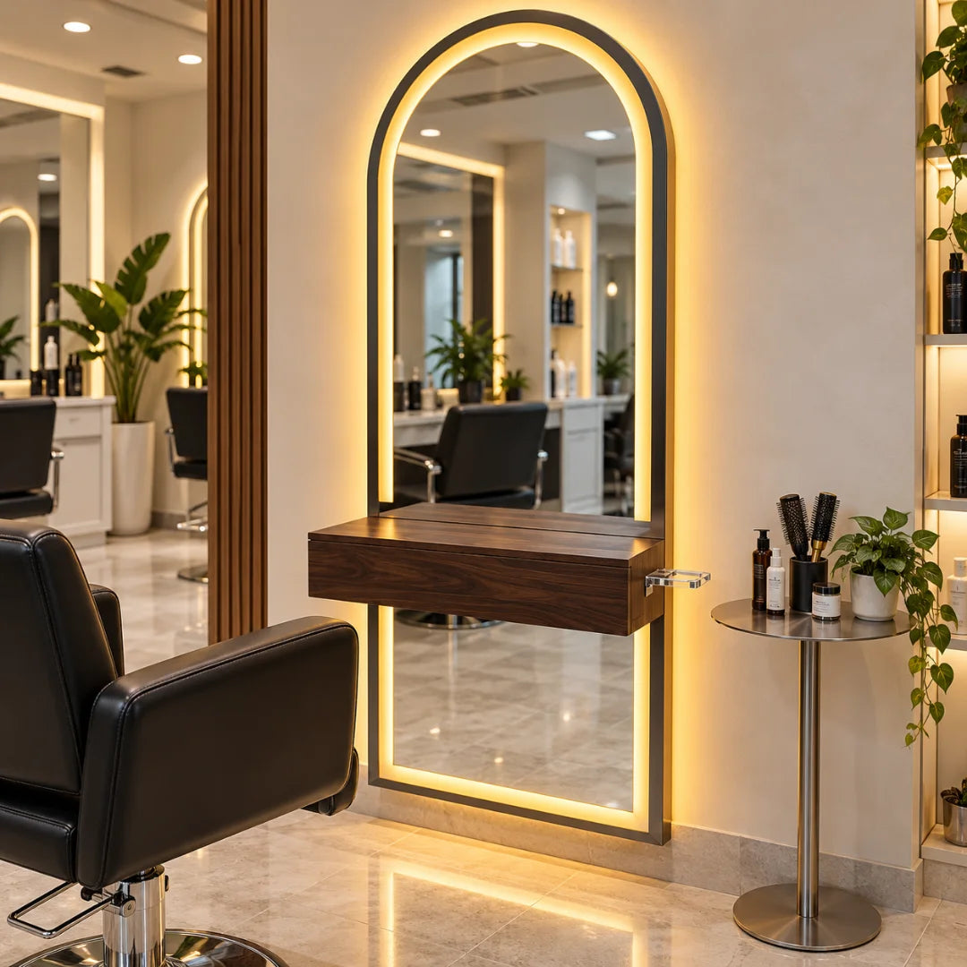Arched LED Salon Styling Station with Floating Drawer