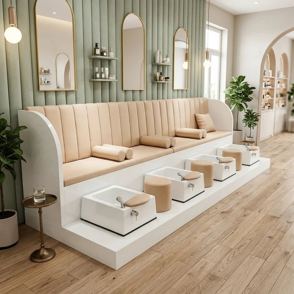 Four-Station Pedicure Bench with Integrated Foot Baths