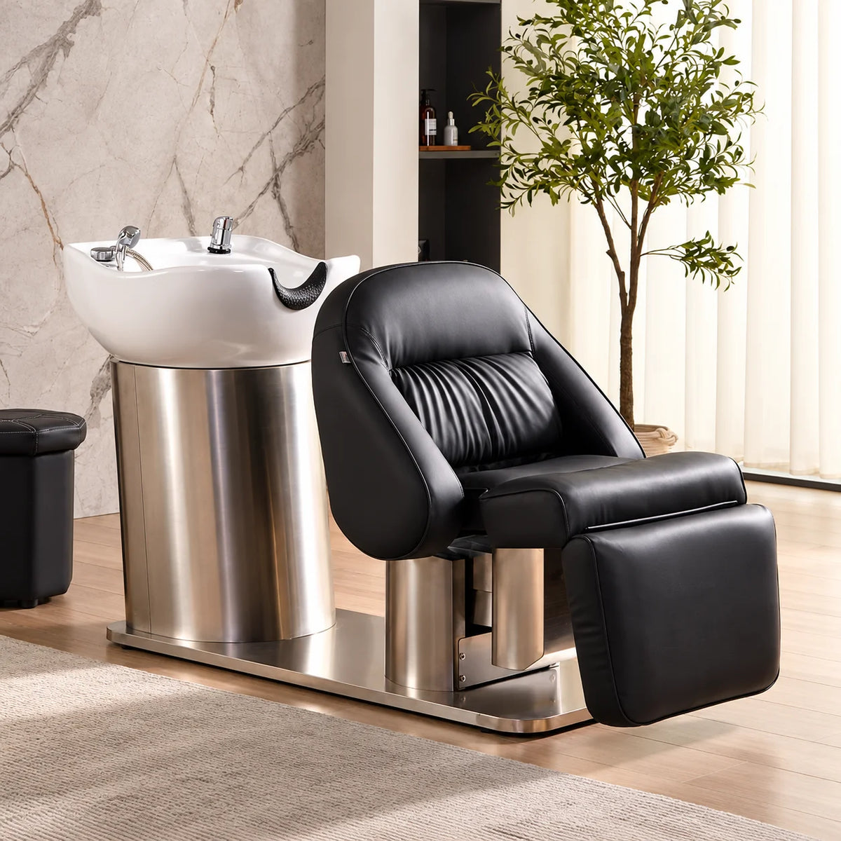 Black Upholstery Salon Shampoo Chair with Stool