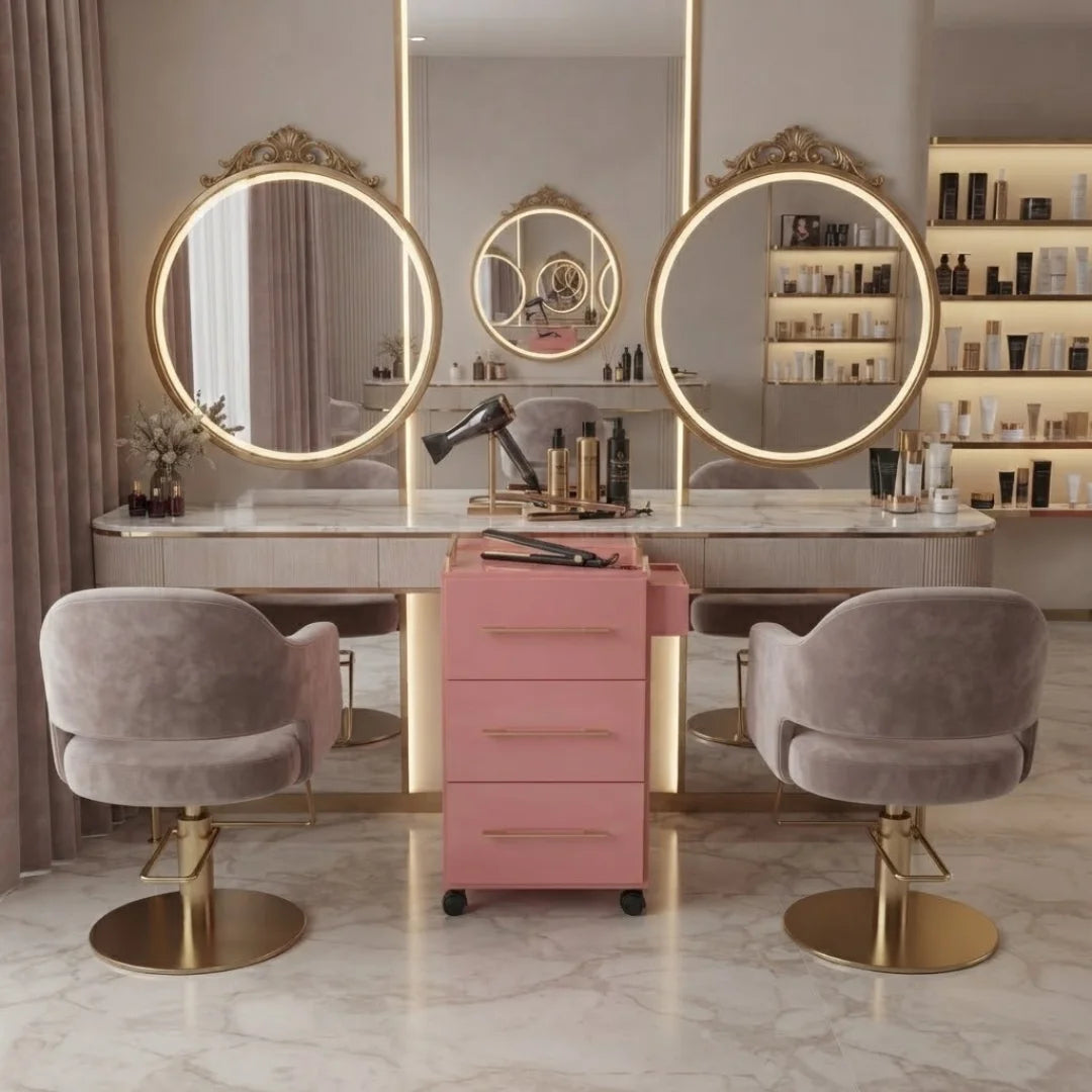Pink Rolling Salon Storage Cabinet with Gold Bar Handles
