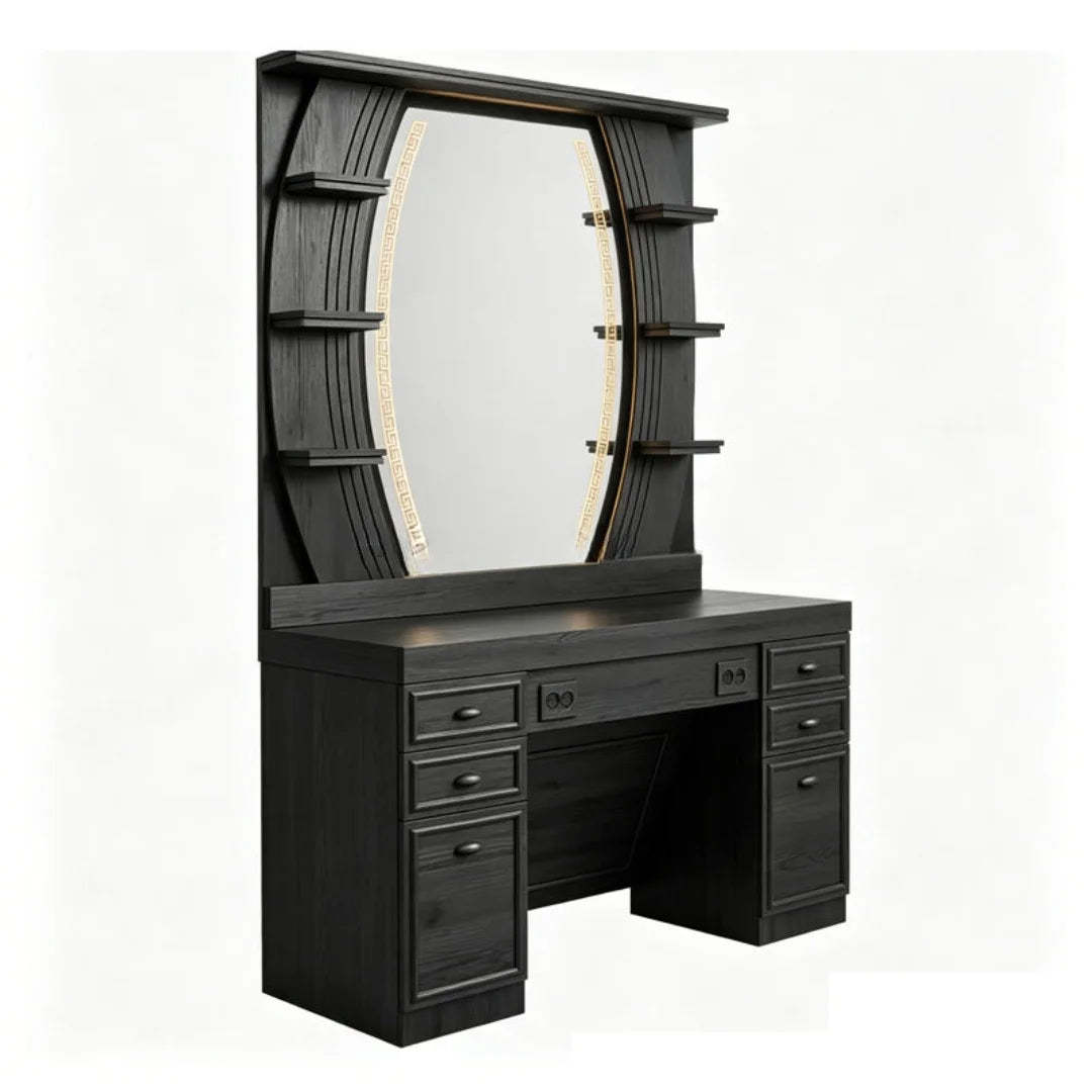 Classic Black Wood Barber Styling Station with LED Mirror