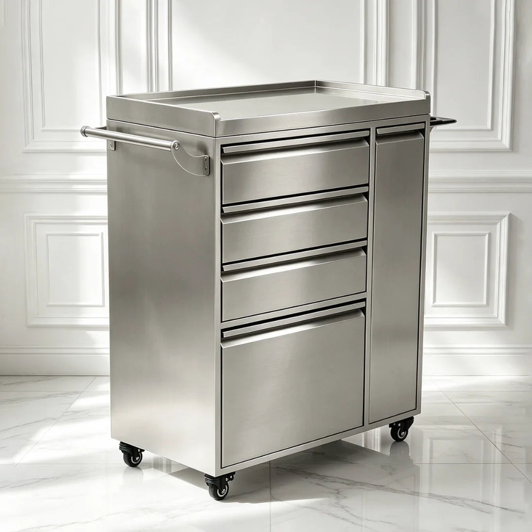 Brushed Silver Salon Trolley with Drawers and Storage Cabinet