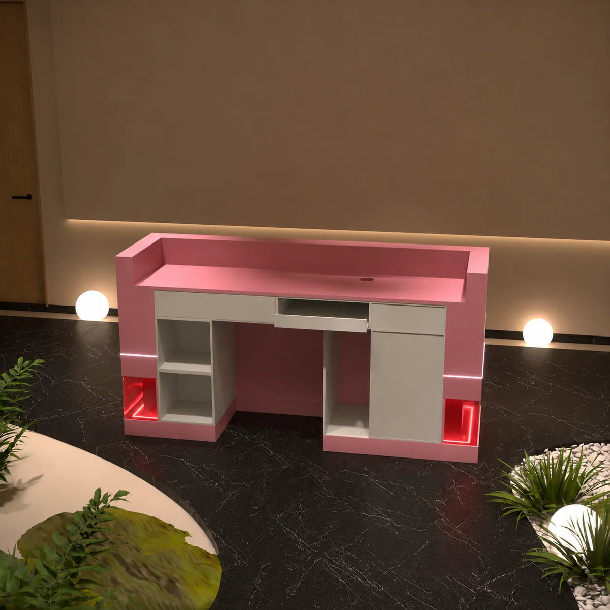 Modern Beauty Salon Reception Counter with Integrated LED Lighting