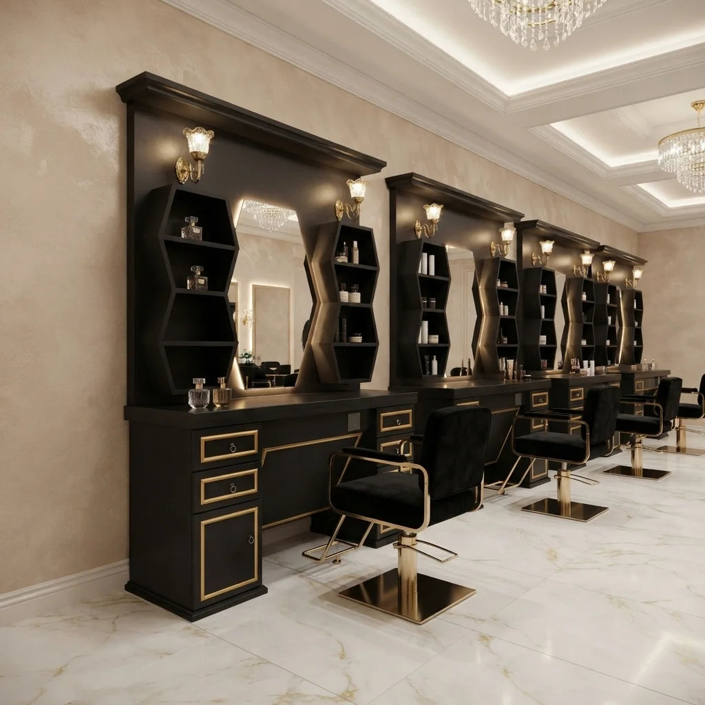 Custom Barber Styling Station with Mirror, Storage & Wash Basin Options