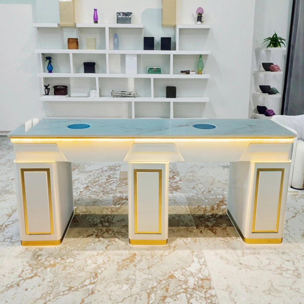 Luxury White Manicure Table with Gold Accents & Lighting