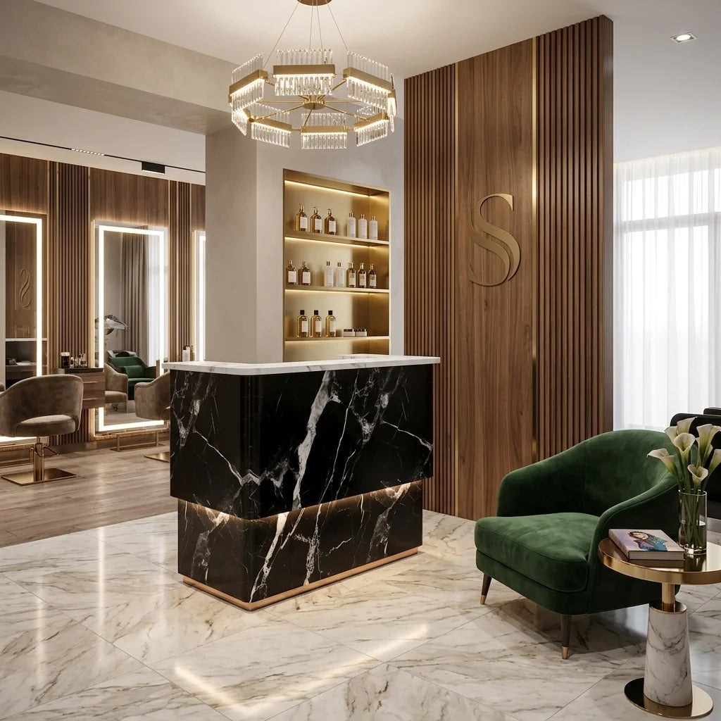 Charming Black & White Marble-Look Salon Reception Desk