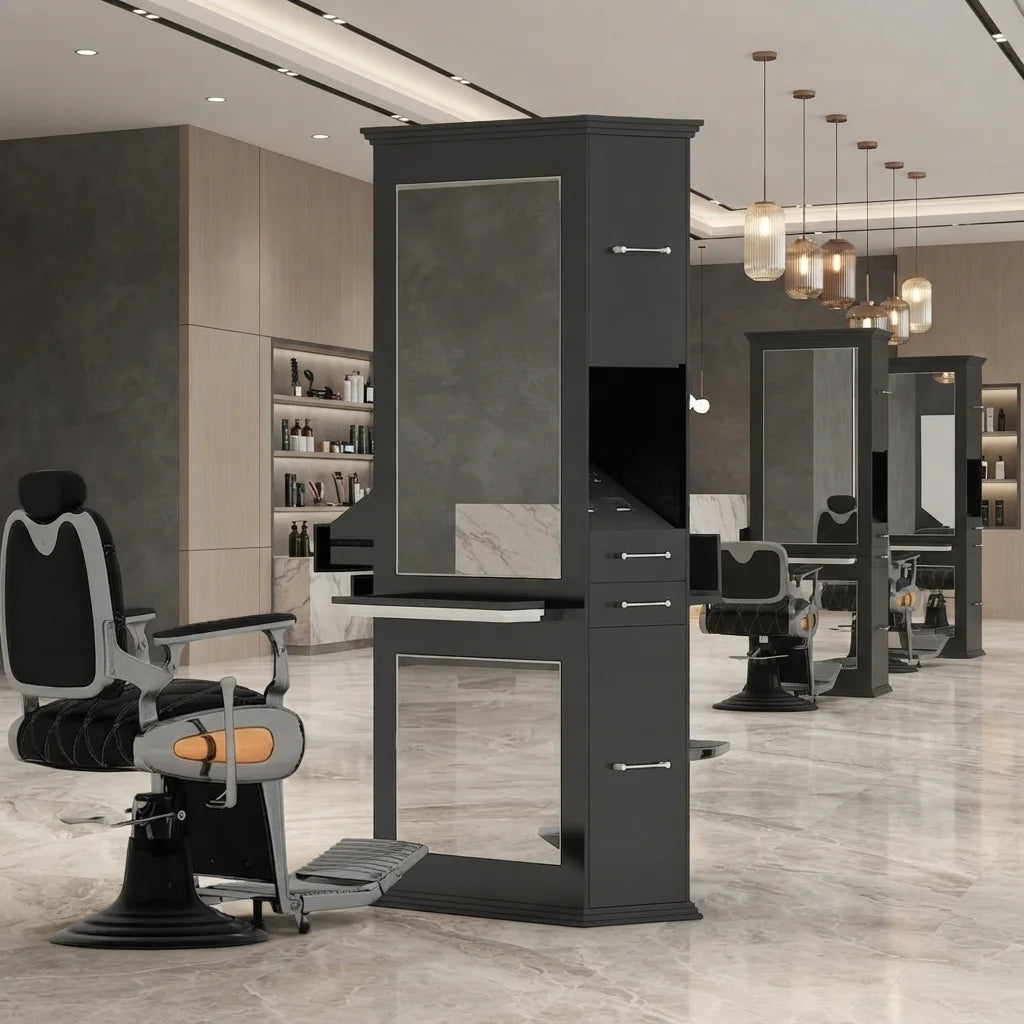 Modern Barber Styling Station with Integrated Shelving