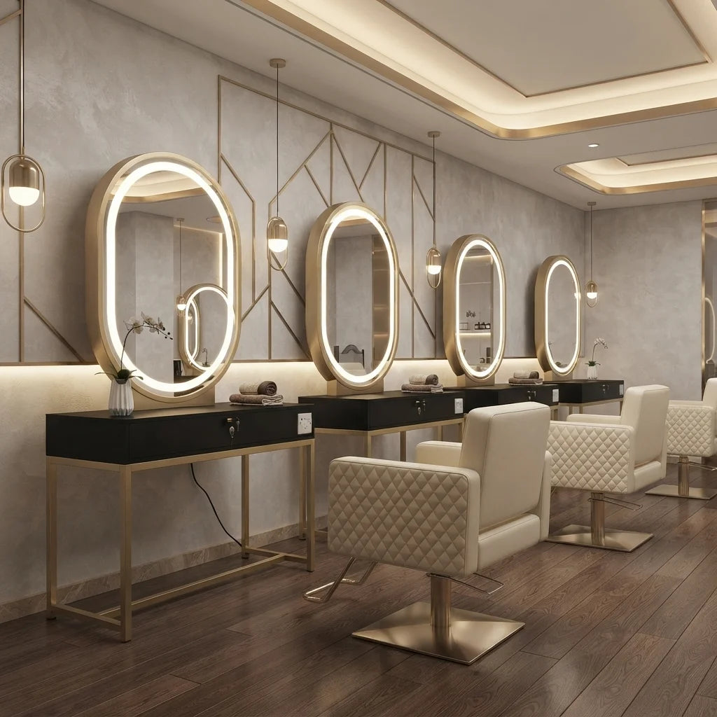 Gold & Black Oval LED Barber Mirror Station