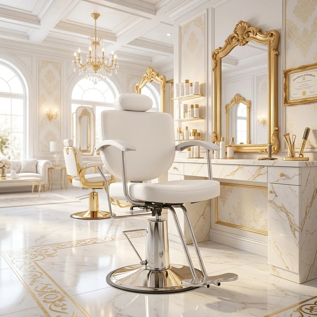 White Salon Styling Chair with Chrome Base