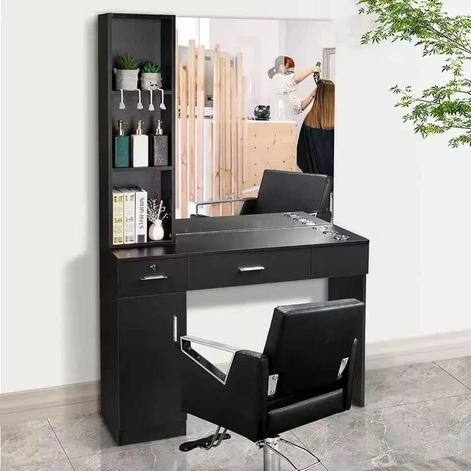Black Barber Styling Station with Mirror and Storage