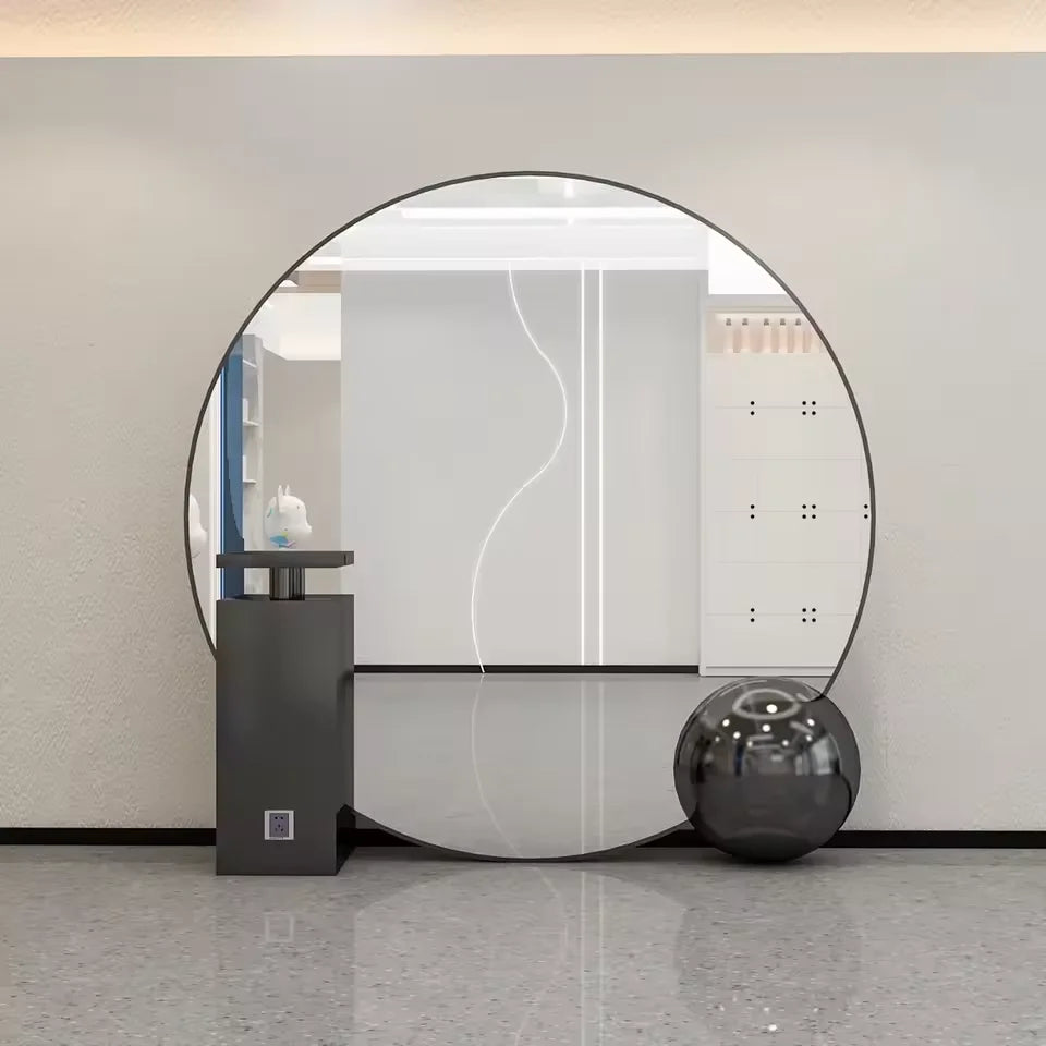 Freestanding Round LED Salon Mirror with Side Table