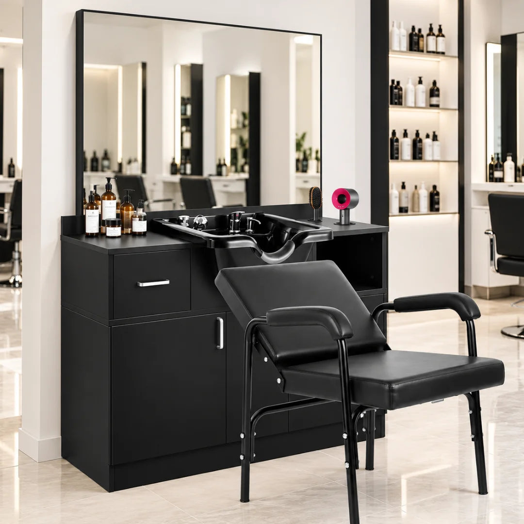 Black Salon Shampoo Cabinet with Mirror and Wash Basin