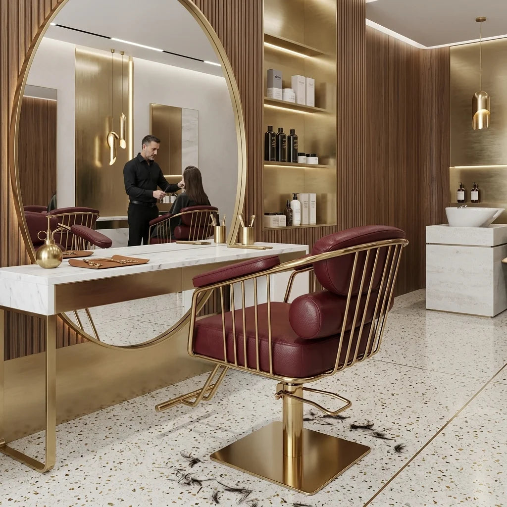 Barber Styling Chair with Gold Metal Frame