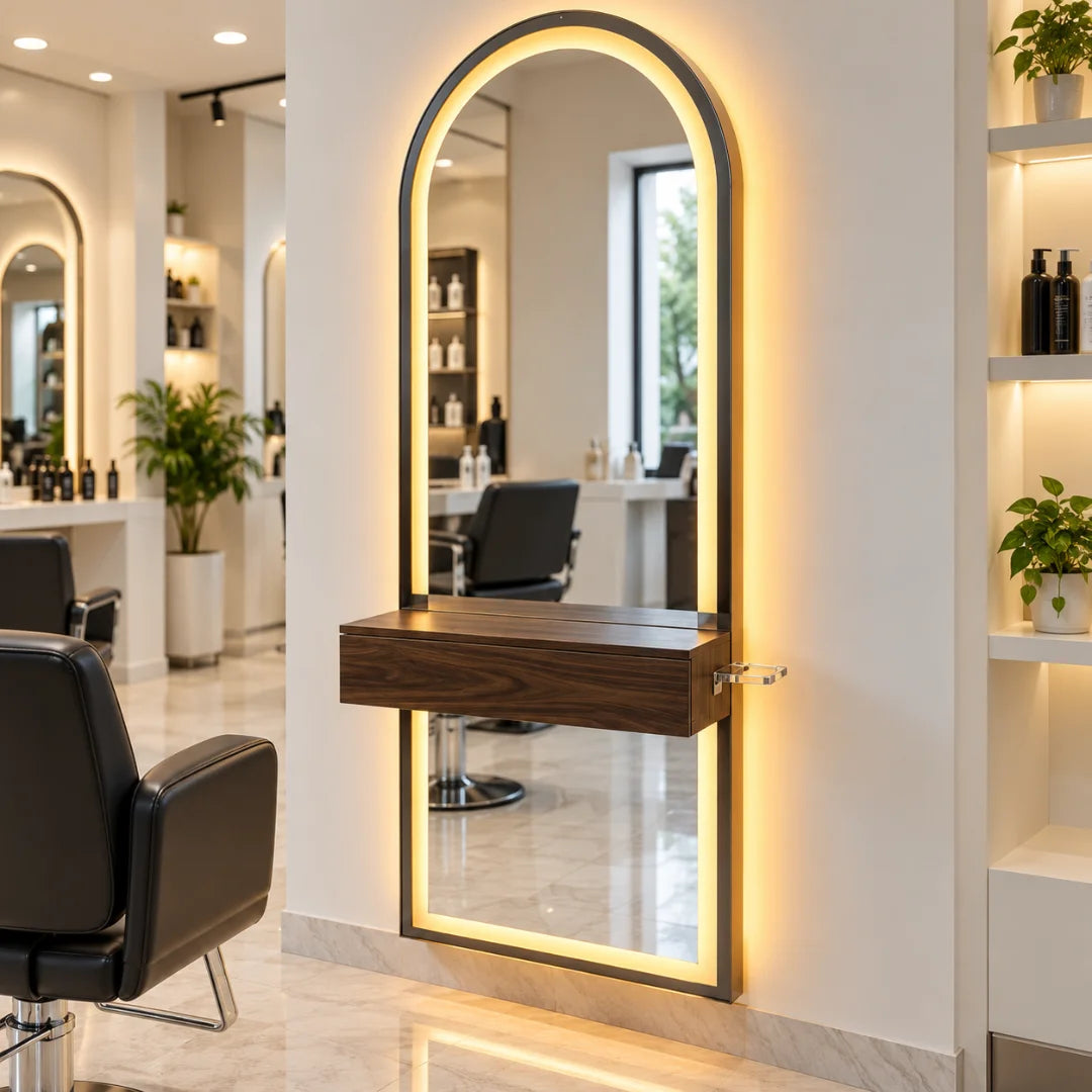 Arched LED Salon Styling Station with Floating Drawer