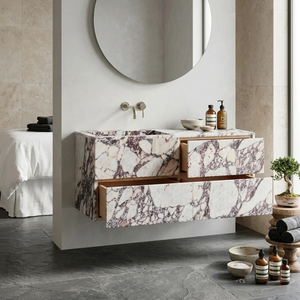Floating Spa Vanity Cabinet with Marble-Look Finish