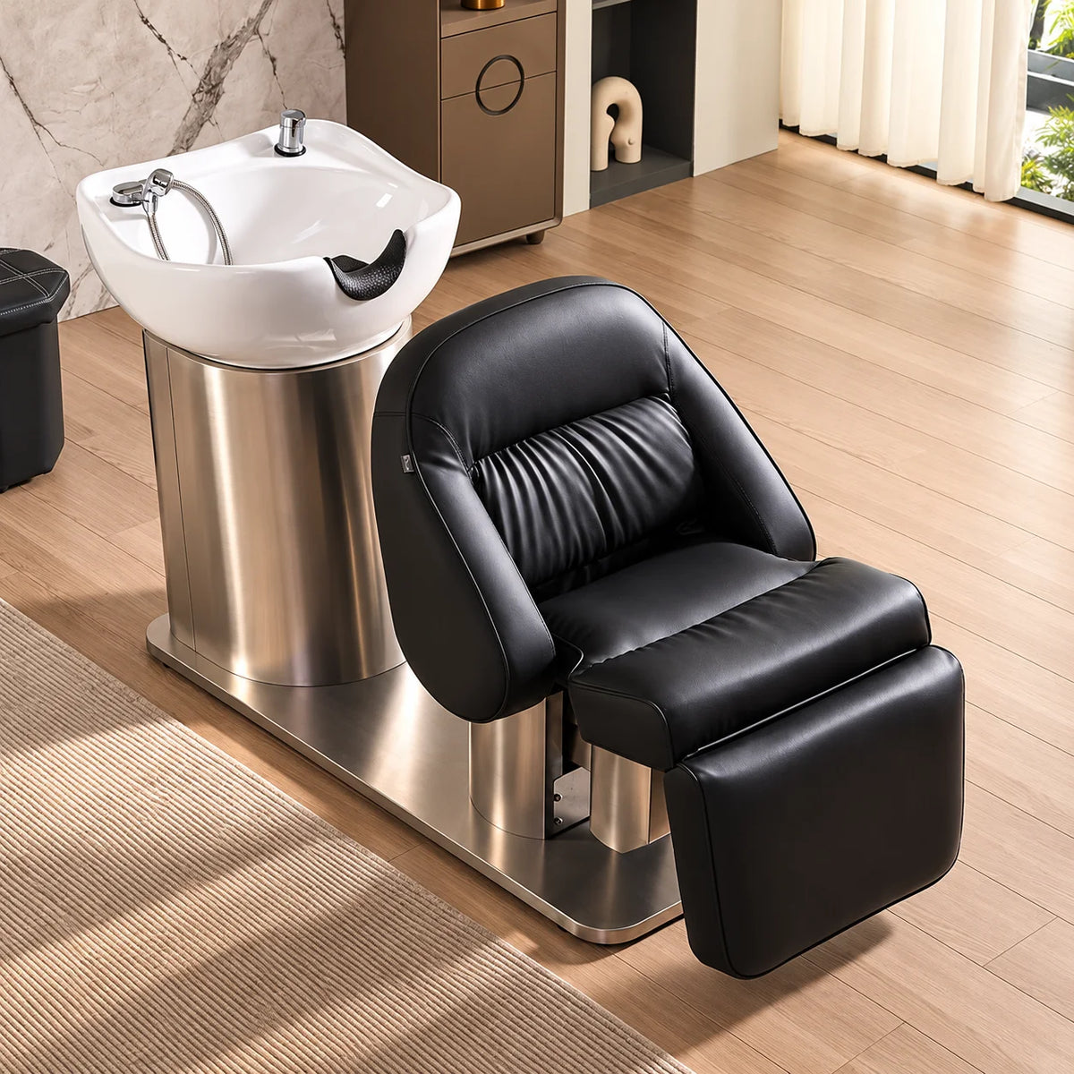 Black Upholstery Salon Shampoo Chair with Stool