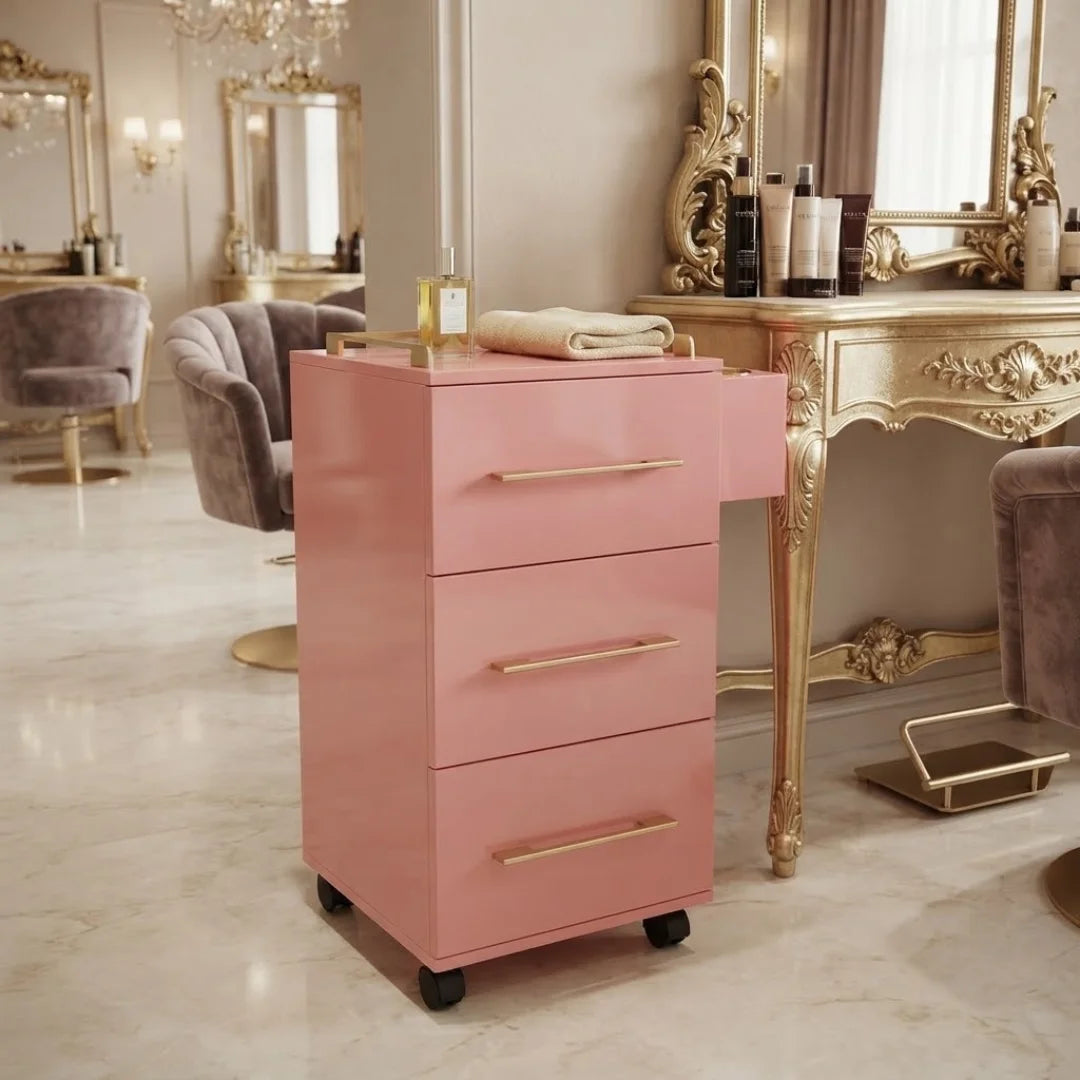 Pink Rolling Salon Storage Cabinet with Gold Bar Handles