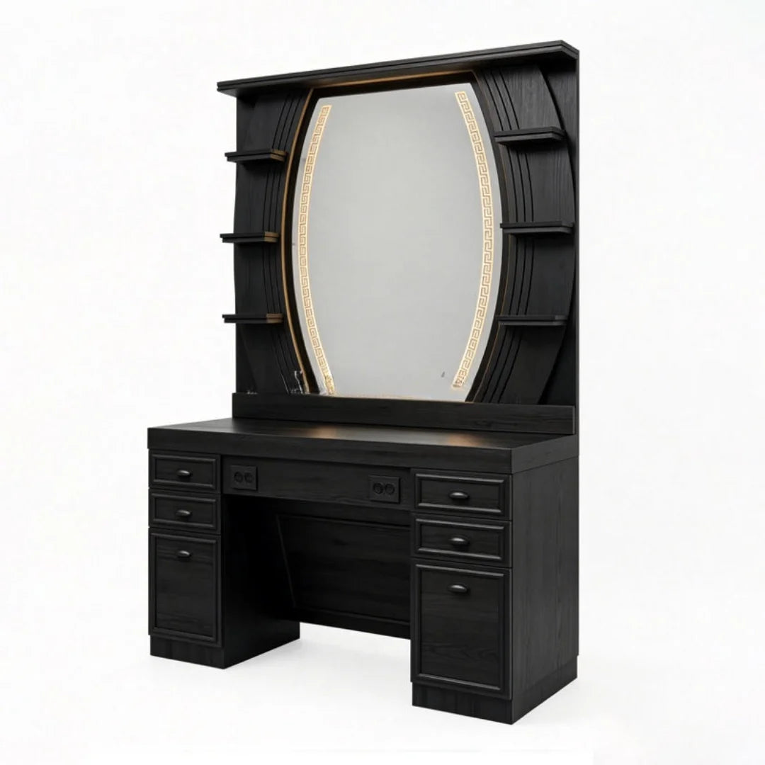Classic Black Wood Barber Styling Station with LED Mirror
