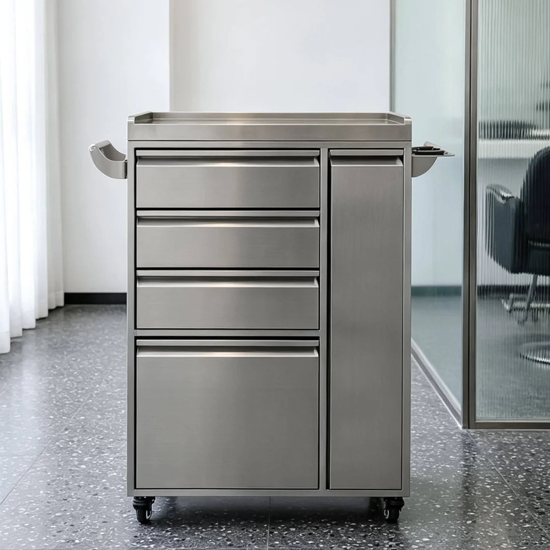 Brushed Silver Salon Trolley with Drawers and Storage Cabinet