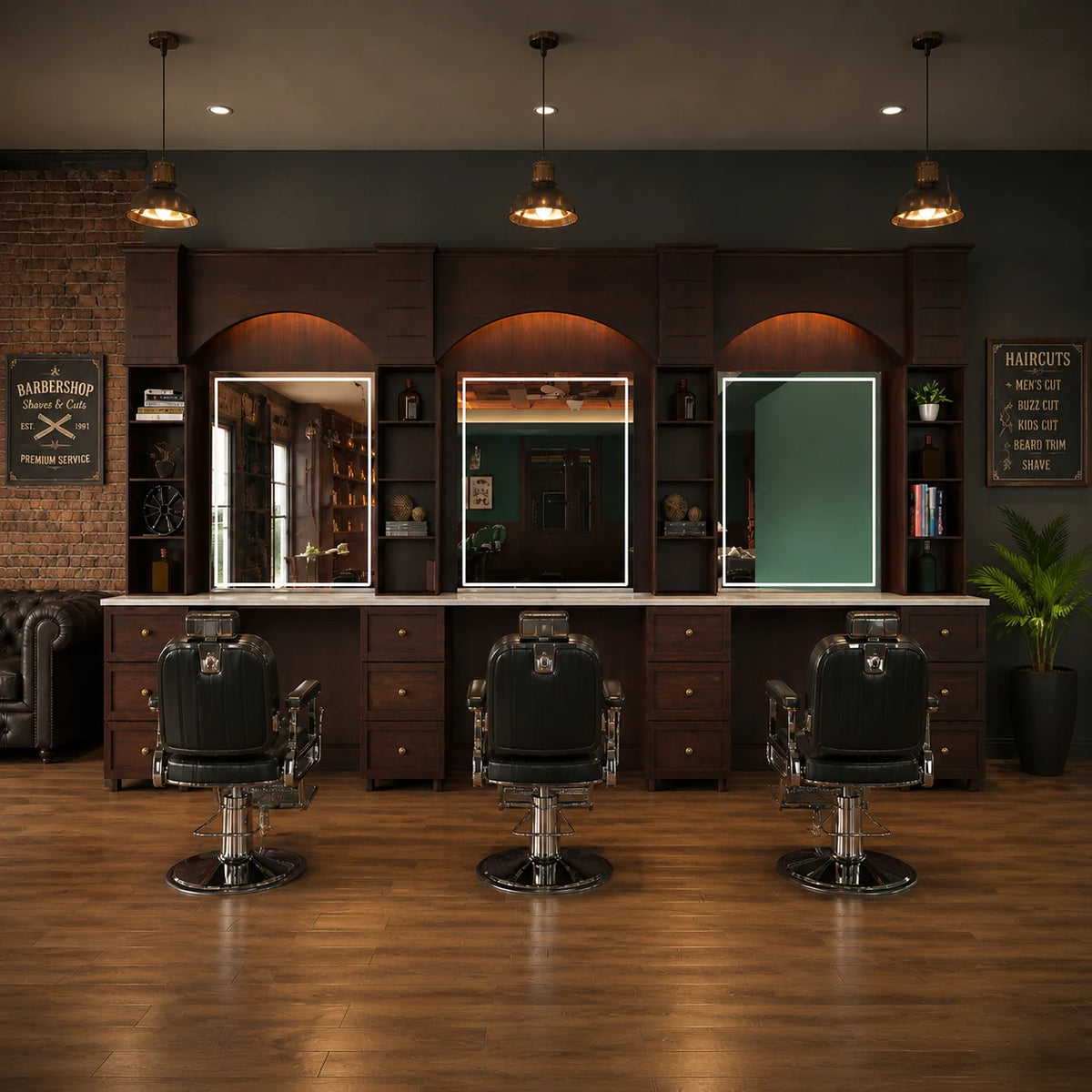 High-End Wooden Barber Workstation with Integrated Storage