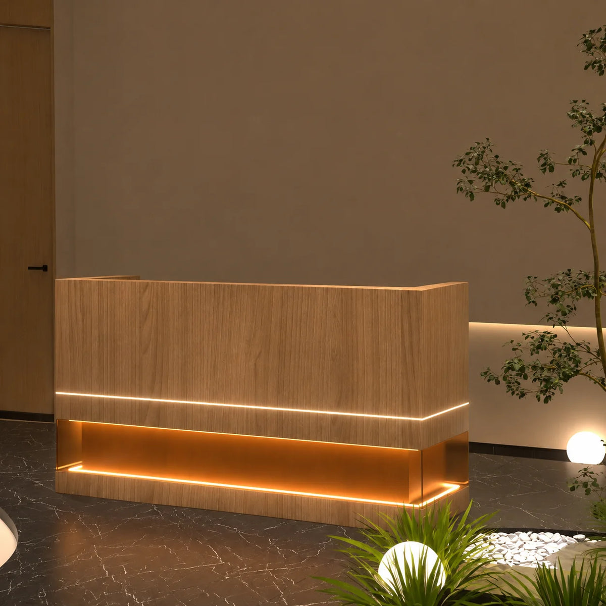 Modern Beauty Salon Reception Counter with Integrated LED Lighting