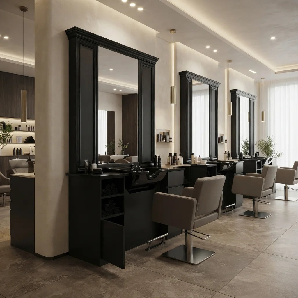 Custom Barber Styling Station with Mirror, Storage & Wash Basin Options