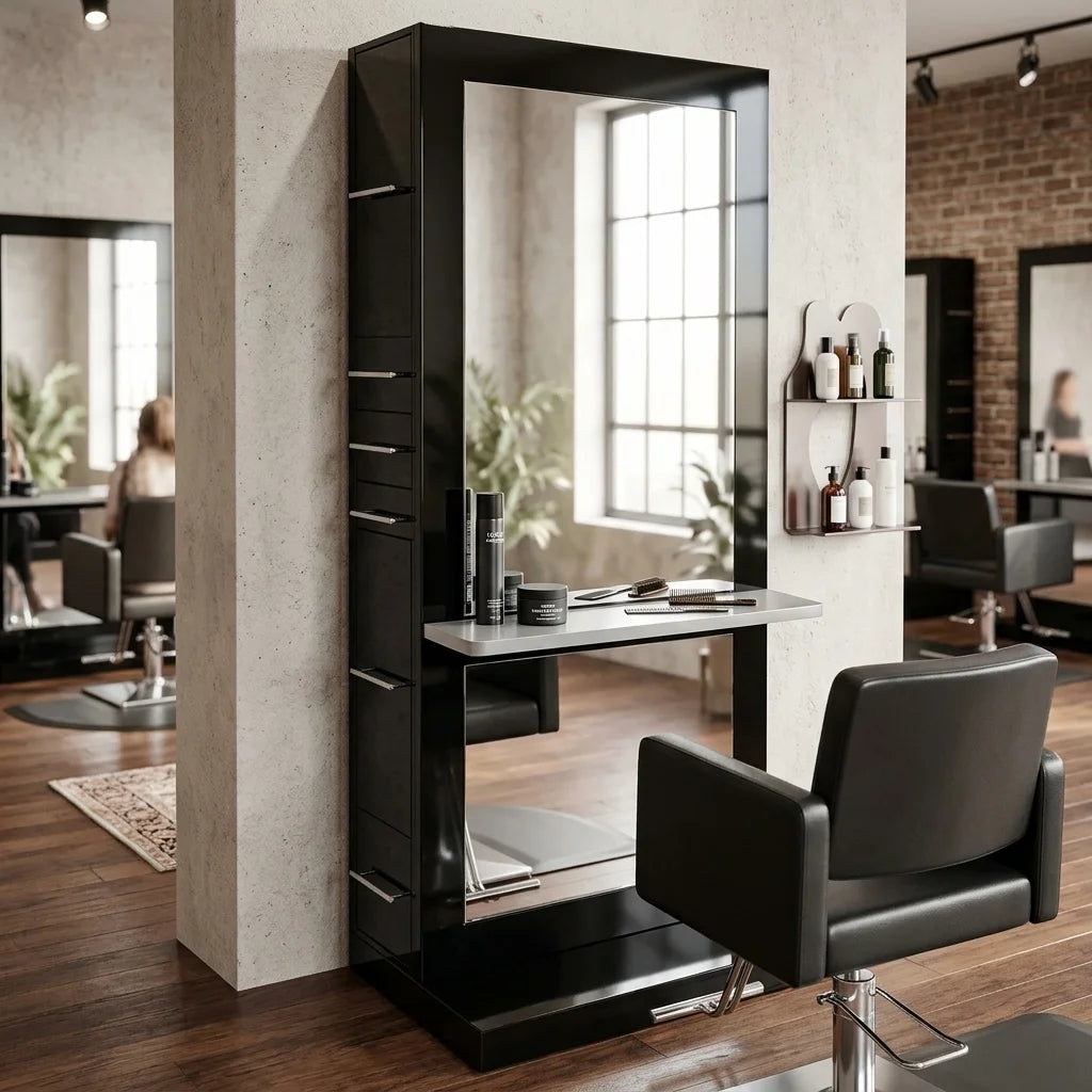 High-End Barber Mirror Station with Built-In Cabinetry