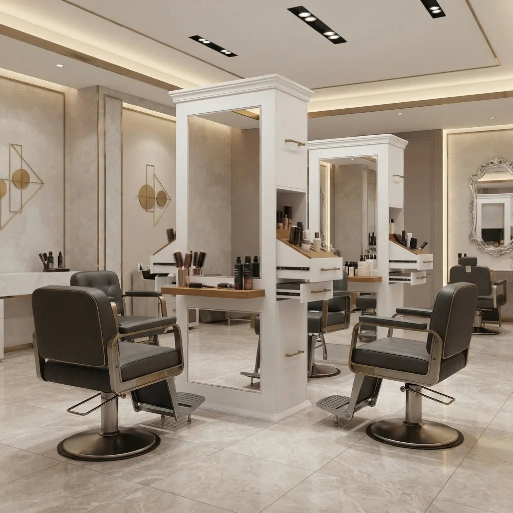 Modern Barber Styling Station with Integrated Shelving