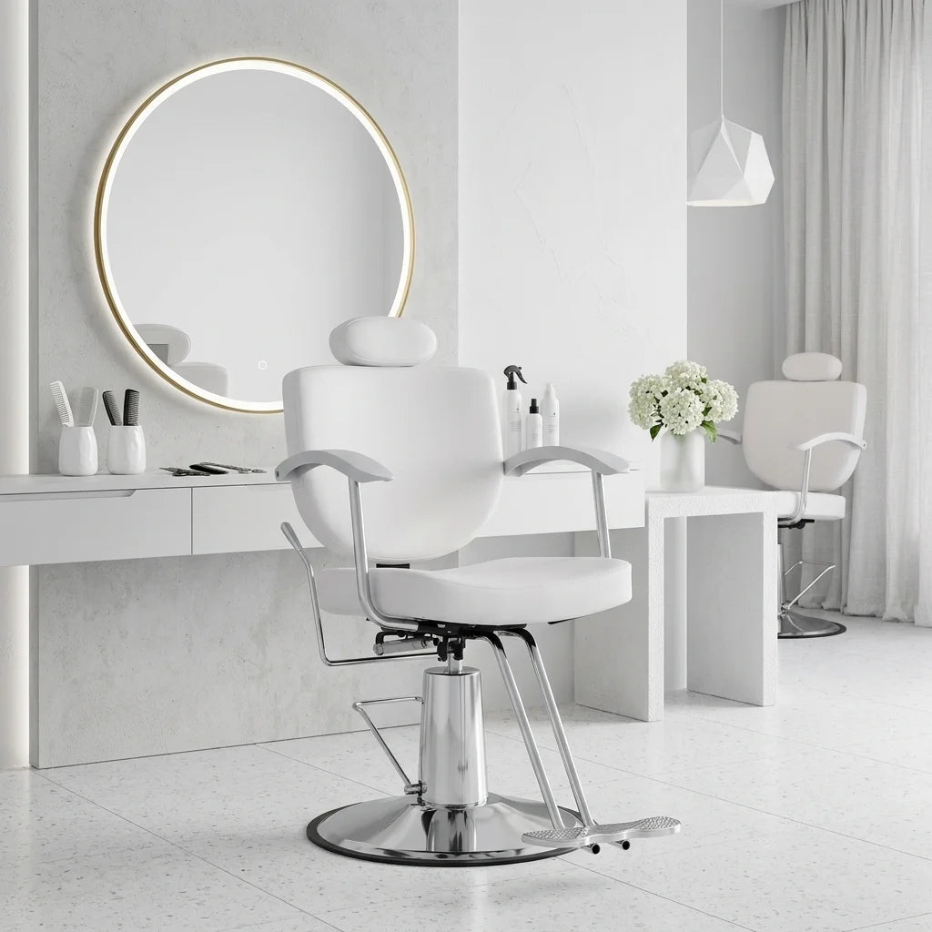White Salon Styling Chair with Chrome Base