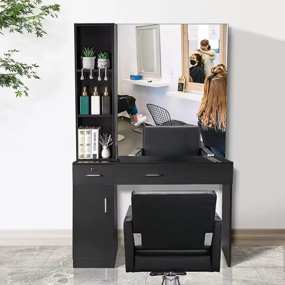 Black Barber Styling Station with Mirror and Storage