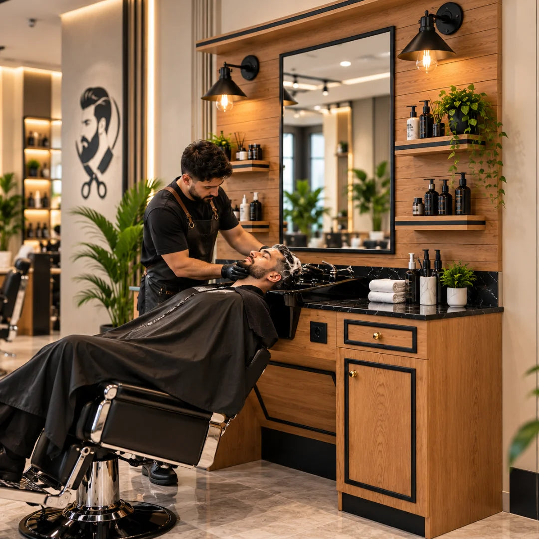 Wooden Barber Shampoo Cabinet with Mirror, Lamp and Basin