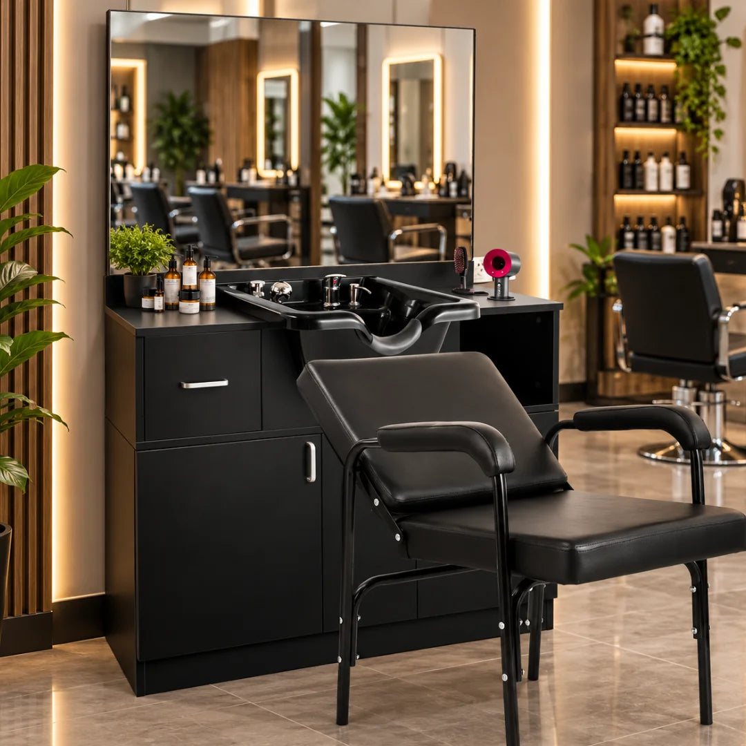 Black Salon Shampoo Cabinet with Mirror and Wash Basin