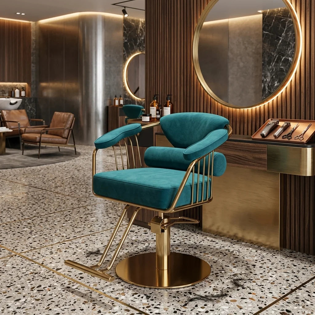 Barber Styling Chair with Gold Metal Frame