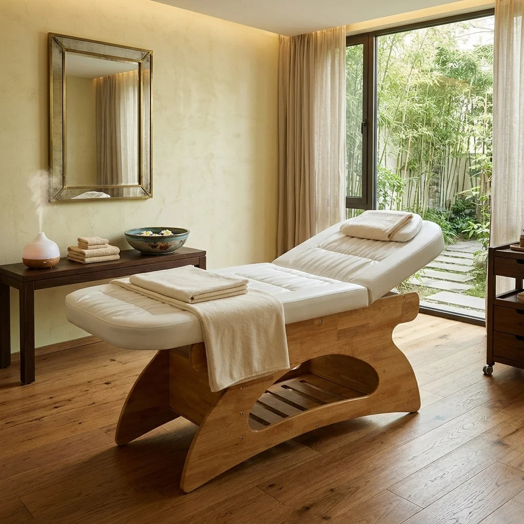 Spa Massage Bed with Natural Wood Base