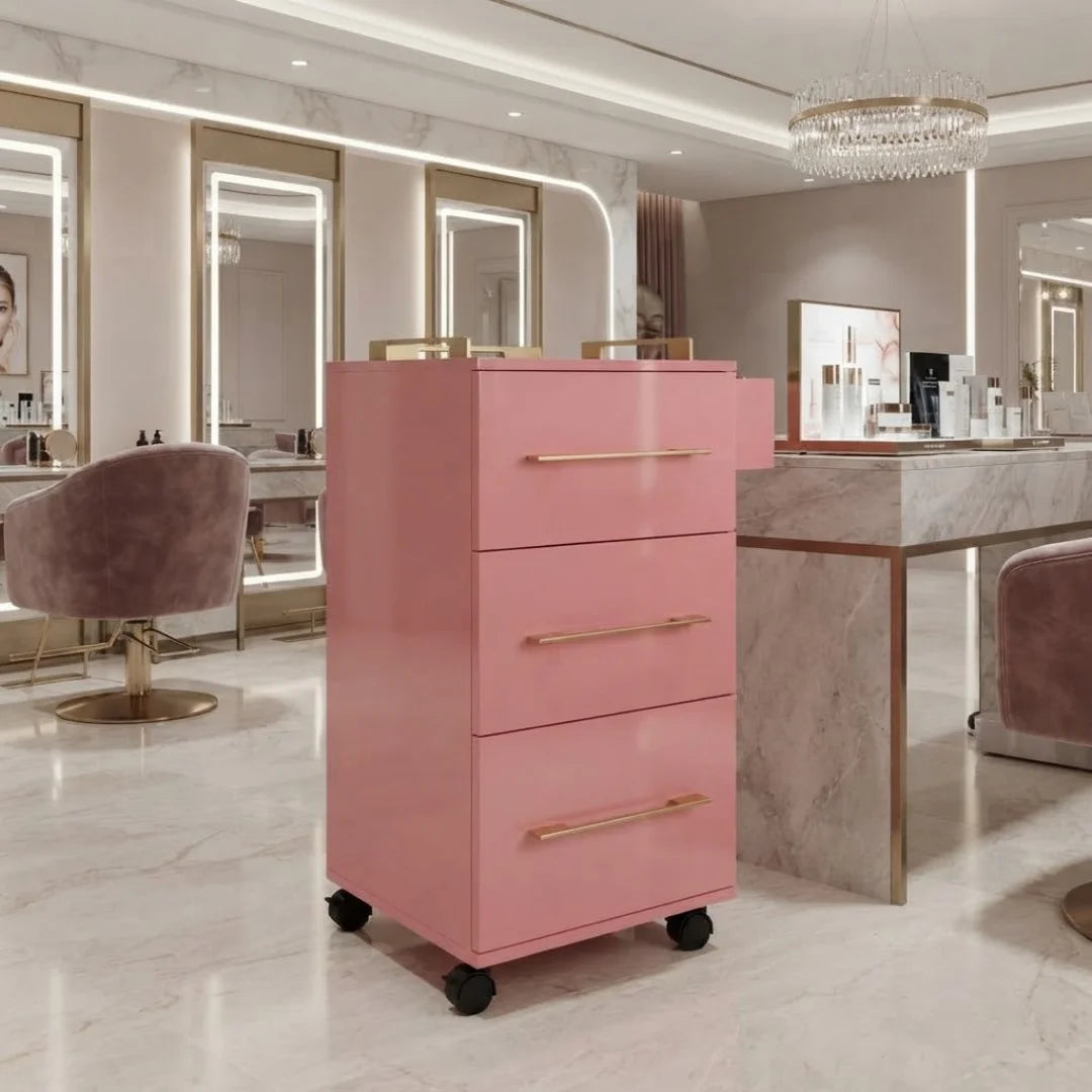 Pink Rolling Salon Storage Cabinet with Gold Bar Handles