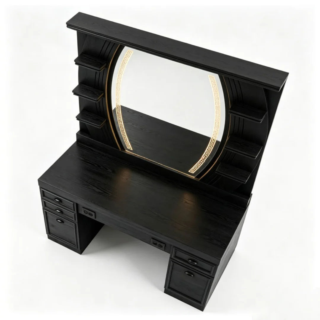 Classic Black Wood Barber Styling Station with LED Mirror