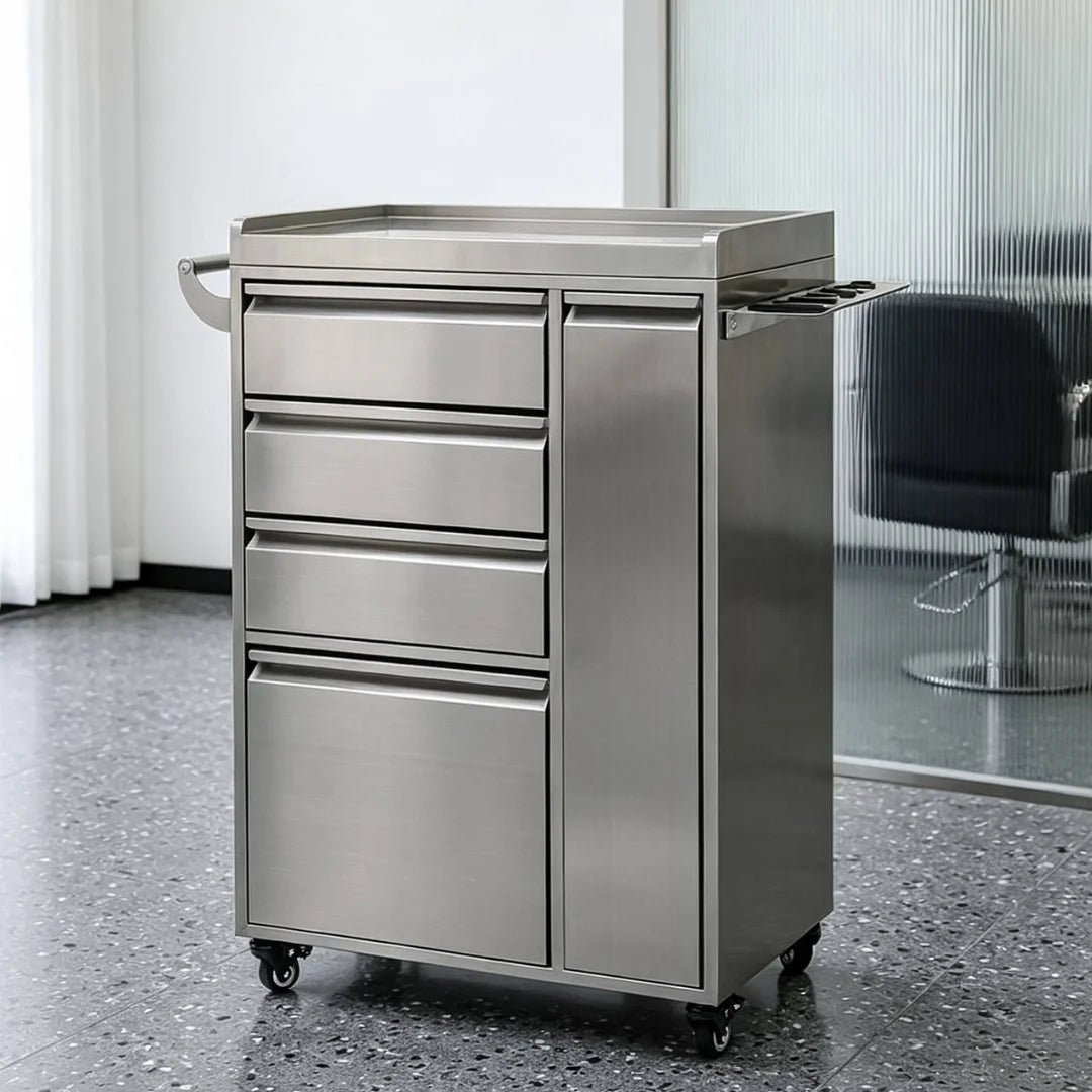 Brushed Silver Salon Trolley with Drawers and Storage Cabinet