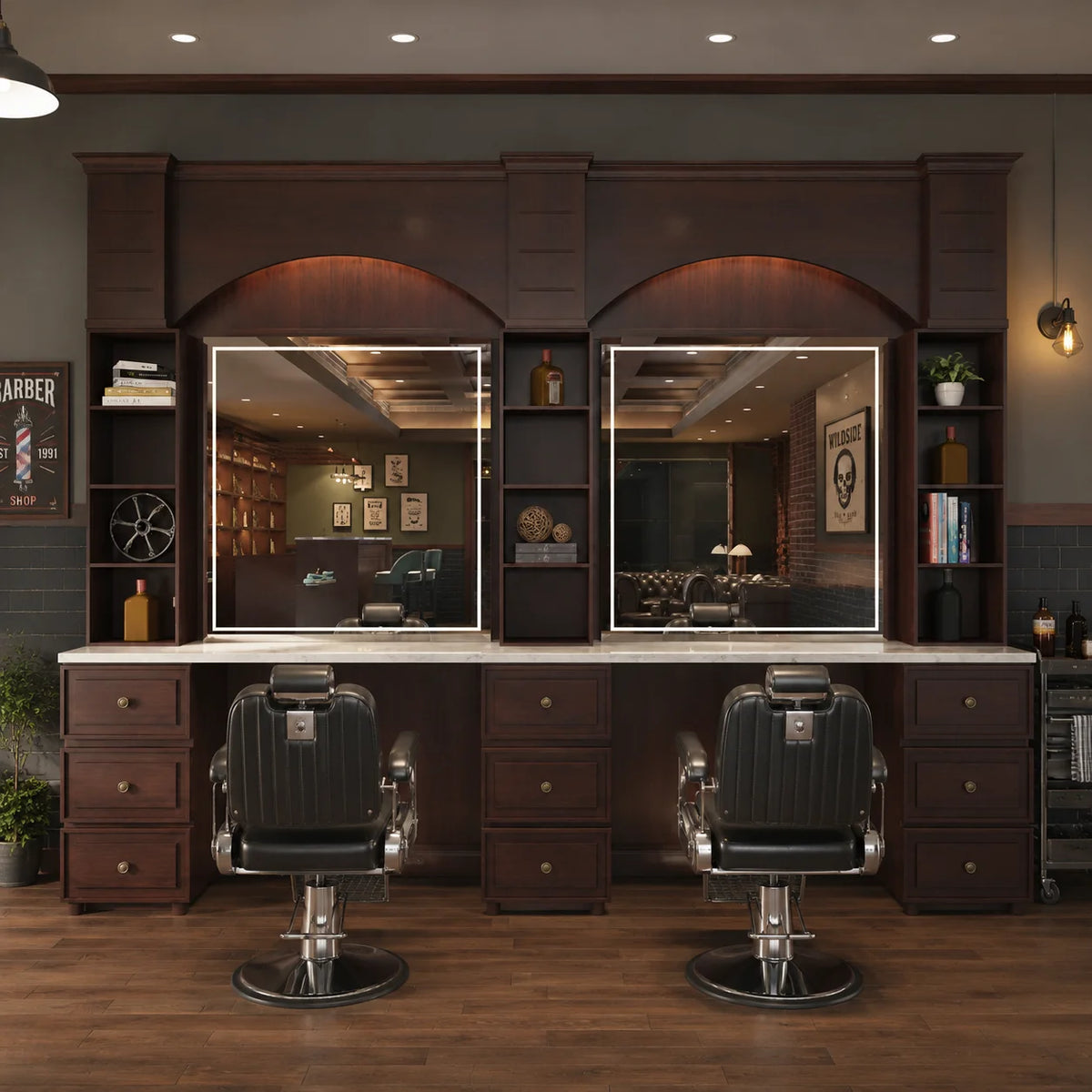 High-End Wooden Barber Workstation with Integrated Storage